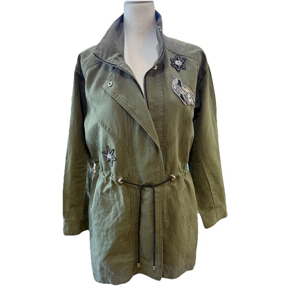 Cabi Utility Military Jacket Sequin Embellished Bird Star Patch Army Green Sz S - Picture 4 of 16